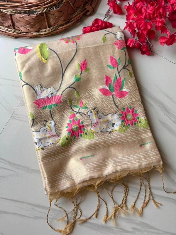Shanaya Soft Linen Cotton Saree with Zari Woven Muniya Border & Pichwai Art