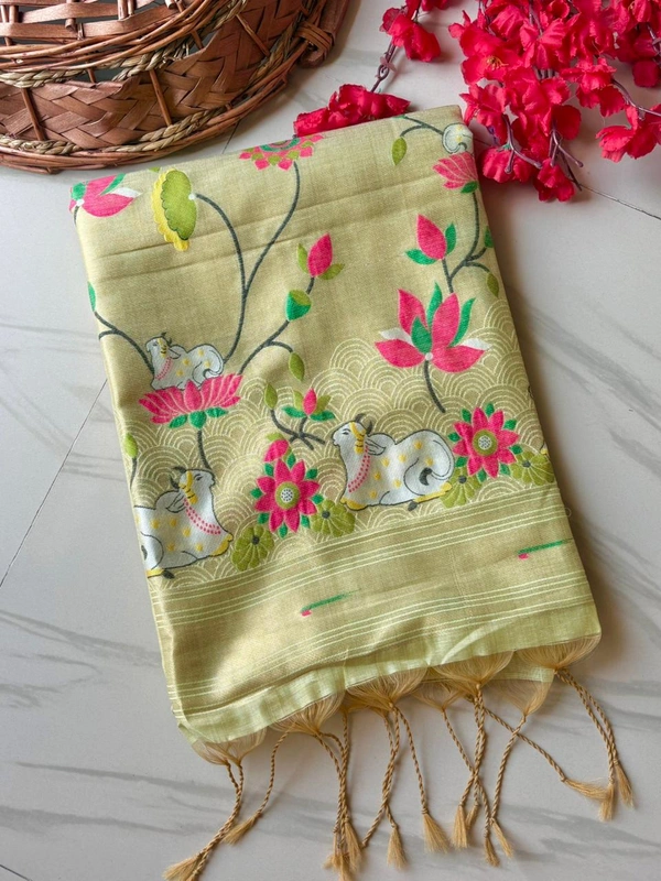 Shanaya Soft Linen Cotton Saree with Zari Woven Muniya Border & Pichwai Art