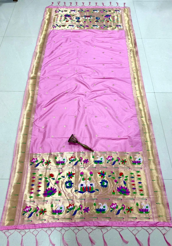 Soft Baby Pink Silk Paithani Dupatta with Rich Golden Weaving Border and Beautiful Lotus Pallu.jpeg - 2.5mt, Baby Pink