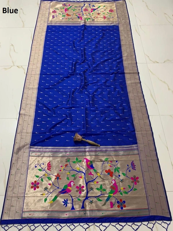 PAITHANI_HOUSE380 "Soft Jari Silk Hoki Dupatta with 3-Muniya Border & Hoki Butti � 2.5m Traditional Ethnic Wear" - Blue