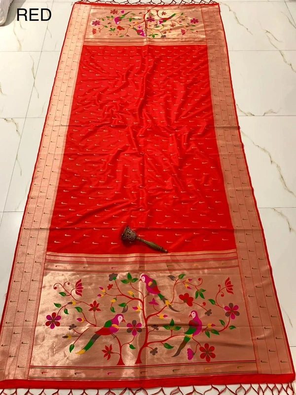 PAITHANI_HOUSE382 "Soft Jari Silk Hoki Dupatta with 3-Muniya Border & Hoki Butti � 2.5m Traditional Ethnic Wear" - Red