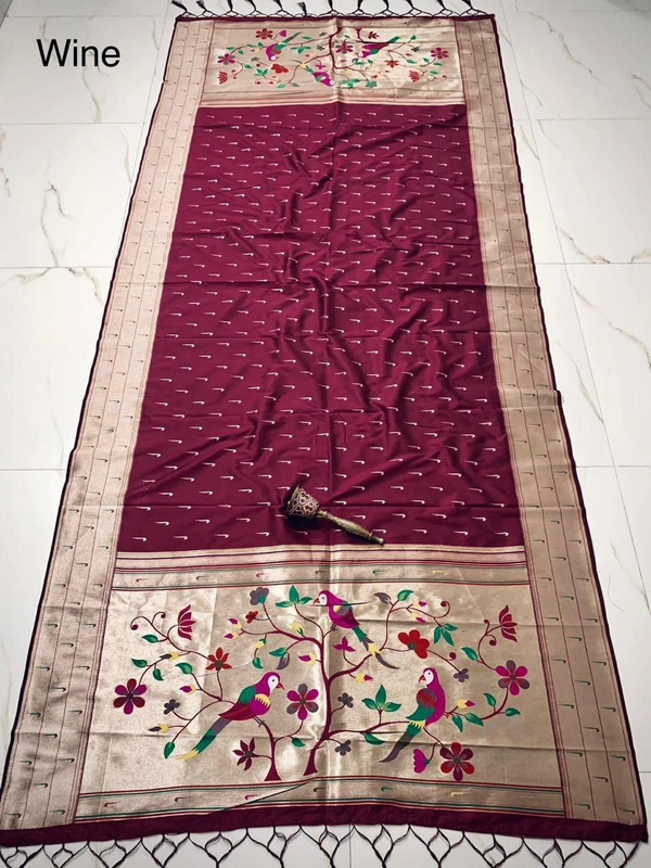PAITHANI_HOUSE383 "Soft Jari Silk Hoki Dupatta with 3-Muniya Border & Hoki Butti � 2.5m Traditional Ethnic Wear" - Wine