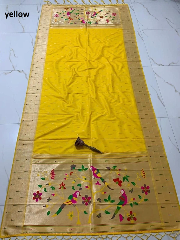 PAITHANI_HOUSE384 "Soft Jari Silk Hoki Dupatta with 3-Muniya Border & Hoki Butti � 2.5m Traditional Ethnic Wear" - Yellow