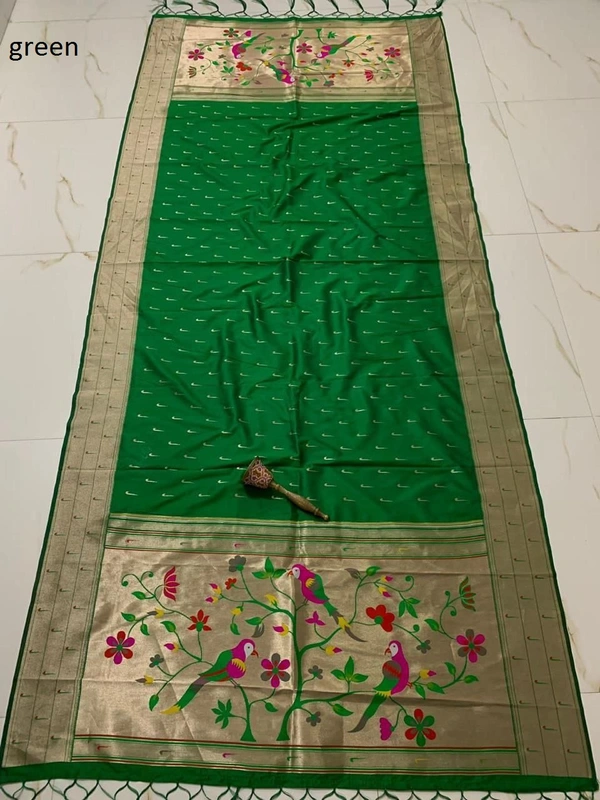 PAITHANI_HOUSE388 "Soft Jari Silk Hoki Dupatta with 3-Muniya Border & Hoki Butti � 2.5m Traditional Ethnic Wear" - Green