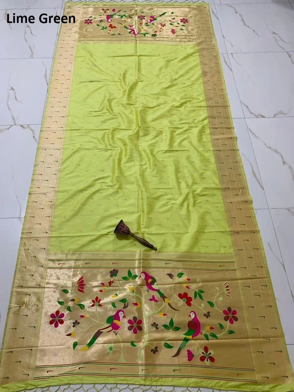 PAITHANI_HOUSE390 "Soft Jari Silk Hoki Dupatta with 3-Muniya Border & Hoki Butti � 2.5m Traditional Ethnic Wear" - Lime Green