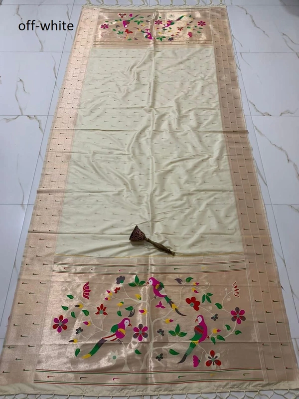 PAITHANI_HOUSE391 "Soft Jari Silk Hoki Dupatta with 3-Muniya Border & Hoki Butti � 2.5m Traditional Ethnic Wear" - Off White