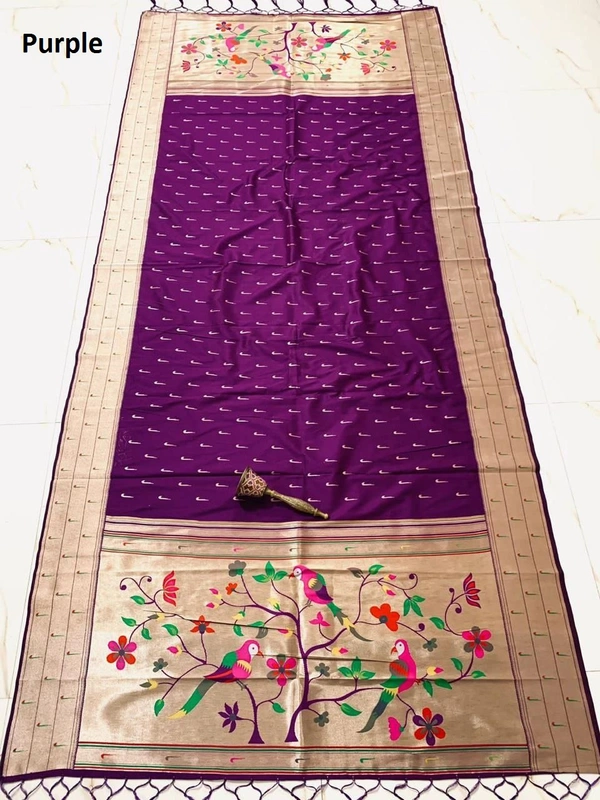 PAITHANI_HOUSE393 "Soft Jari Silk Hoki Dupatta with 3-Muniya Border & Hoki Butti � 2.5m Traditional Ethnic Wear" - Purple