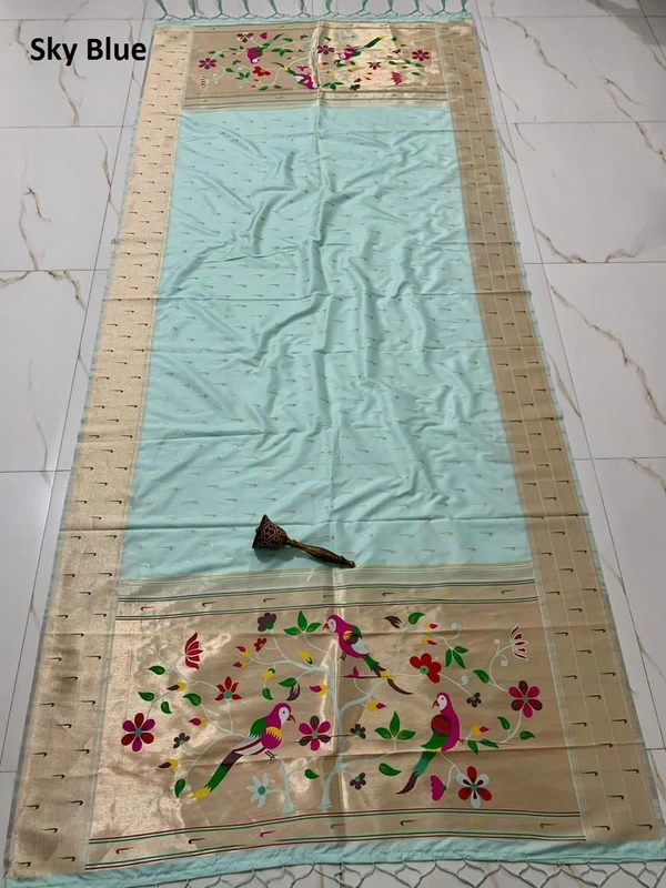 PAITHANI_HOUSE394 "Soft Jari Silk Hoki Dupatta with 3-Muniya Border & Hoki Butti � 2.5m Traditional Ethnic Wear" - Sky Blue