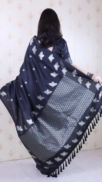 Soft Moonga Silk Saree with Dual Zari Bird Border & Floral Motifs - FREE, BLACK