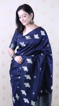 Soft Moonga Silk Saree with Dual Zari Bird Border & Floral Motifs - FREE, NAVYBLUE