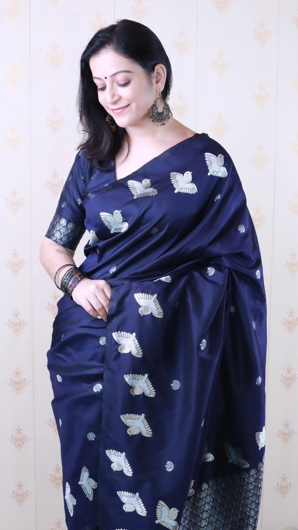 Soft Moonga Silk Saree with Dual Zari Bird Border & Floral Motifs - FREE, NAVYBLUE