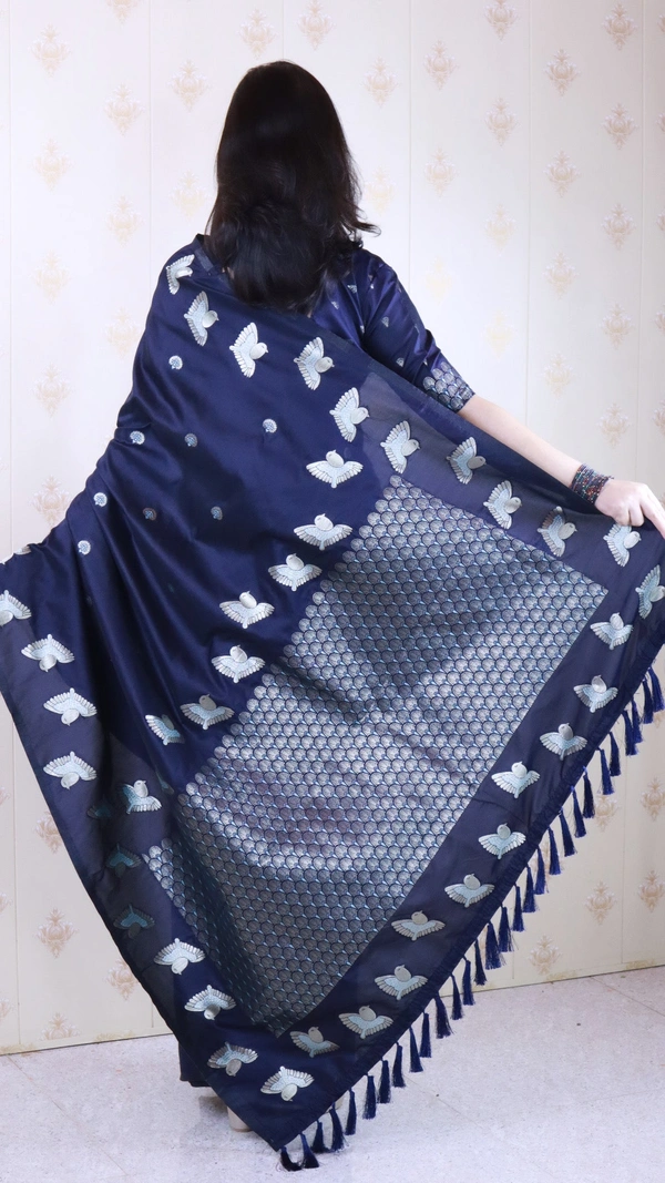 Soft Moonga Silk Saree with Dual Zari Bird Border & Floral Motifs - FREE, NAVYBLUE