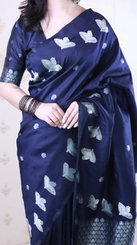 Soft Moonga Silk Saree with Dual Zari Bird Border & Floral Motifs - FREE, NAVYBLUE