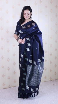 Soft Moonga Silk Saree with Dual Zari Bird Border & Floral Motifs - FREE, NAVYBLUE