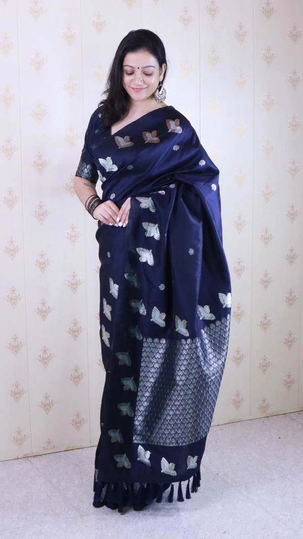 Soft Moonga Silk Saree with Dual Zari Bird Border & Floral Motifs - FREE, NAVYBLUE
