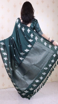 Soft Moonga Silk Saree with Dual Zari Bird Border & Floral Motifs - FREE, BOTTLEGREEN