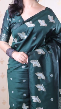 Soft Moonga Silk Saree with Dual Zari Bird Border & Floral Motifs - FREE, BOTTLEGREEN