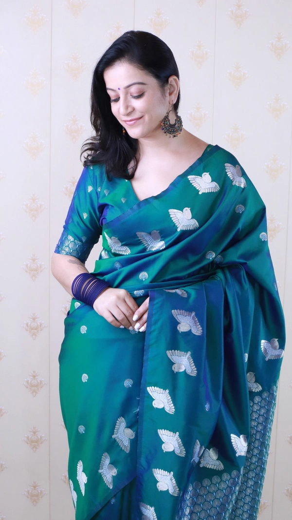 Soft Moonga Silk Saree with Dual Zari Bird Border & Floral Motifs - FREE, GREEN