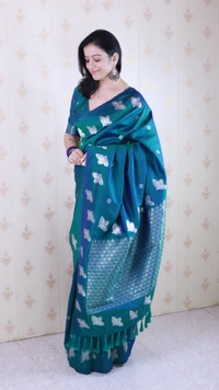Soft Moonga Silk Saree with Dual Zari Bird Border & Floral Motifs - FREE, GREEN