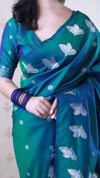 Soft Moonga Silk Saree with Dual Zari Bird Border & Floral Motifs - FREE, GREEN