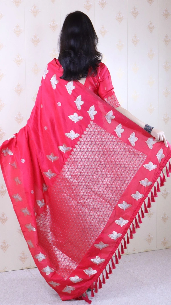 Soft Moonga Silk Saree with Dual Zari Bird Border & Floral Motifs - FREE, PINK