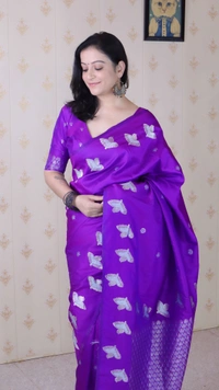 Soft Moonga Silk Saree with Dual Zari Bird Border & Floral Motifs - FREE, PURPLE