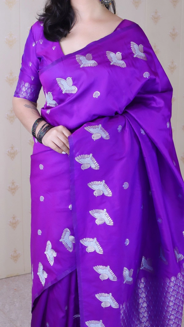 Soft Moonga Silk Saree with Dual Zari Bird Border & Floral Motifs - FREE, PURPLE