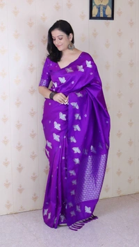 Soft Moonga Silk Saree with Dual Zari Bird Border & Floral Motifs - FREE, PURPLE