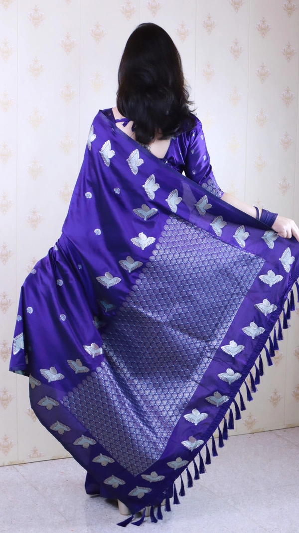 Soft Moonga Silk Saree with Dual Zari Bird Border & Floral Motifs - FREE, VIOLET