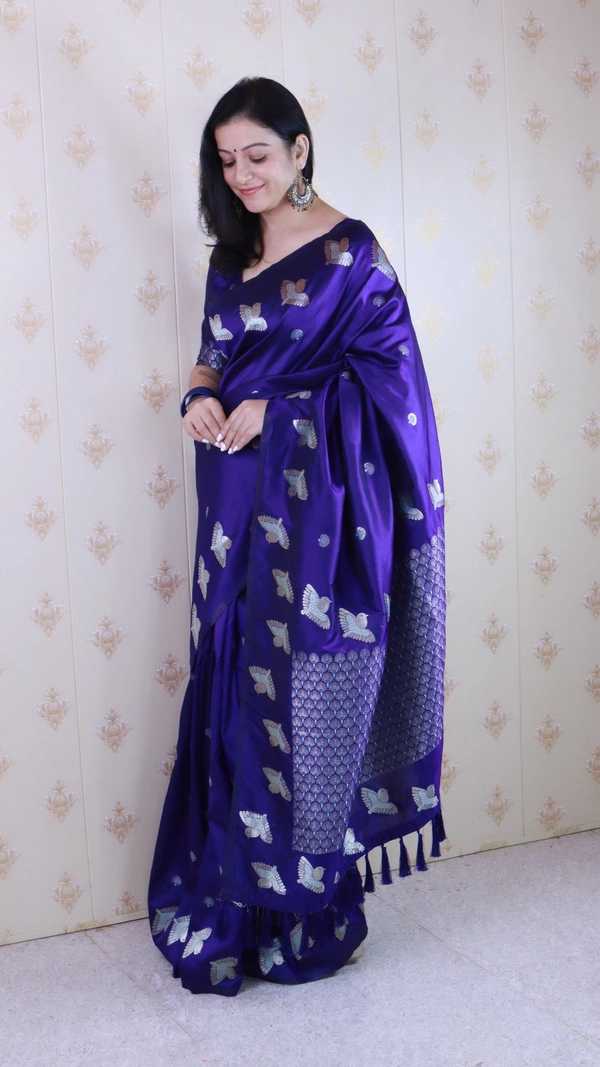 Soft Moonga Silk Saree with Dual Zari Bird Border & Floral Motifs - FREE, VIOLET
