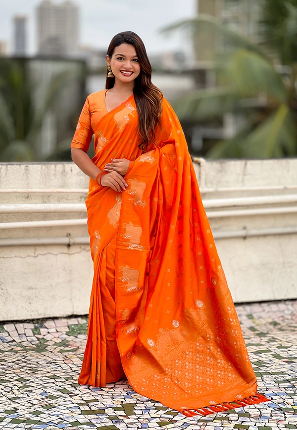 Soft Moonga Silk Saree with Traditional Dual Zari Nandi Border & Butti Blouse