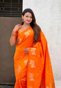 Soft Moonga Silk Saree with Traditional Dual Zari Nandi Border & Butti Blouse - FREE, ORANGE