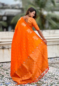 Soft Moonga Silk Saree with Traditional Dual Zari Nandi Border & Butti Blouse - FREE, ORANGE