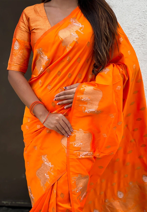 Soft Moonga Silk Saree with Traditional Dual Zari Nandi Border & Butti Blouse - FREE, ORANGE