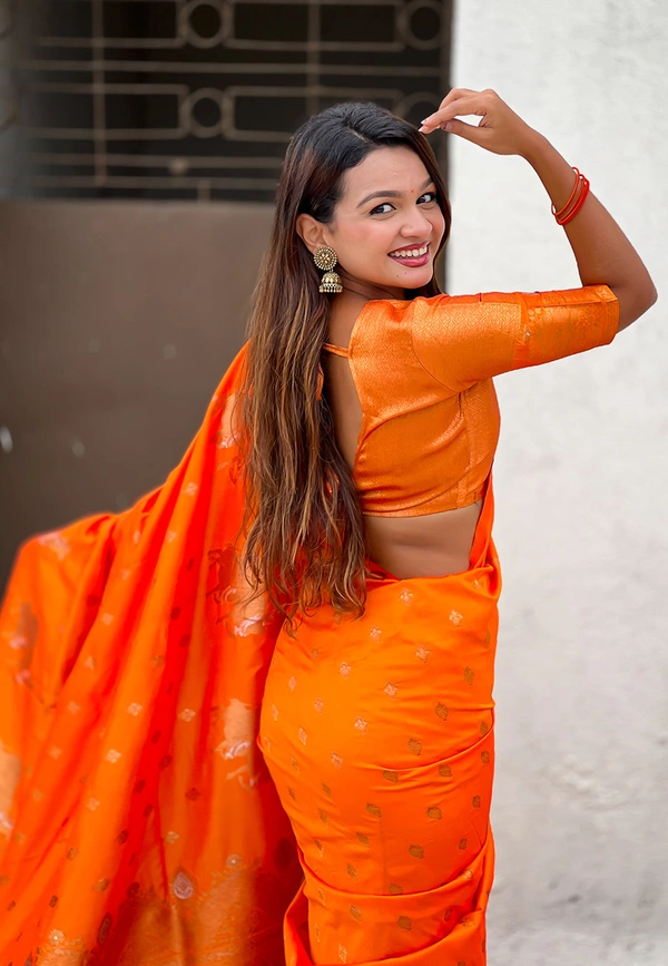 Soft Moonga Silk Saree with Traditional Dual Zari Nandi Border & Butti Blouse - FREE, ORANGE