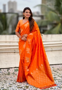 Soft Moonga Silk Saree with Traditional Dual Zari Nandi Border & Butti Blouse - FREE, ORANGE