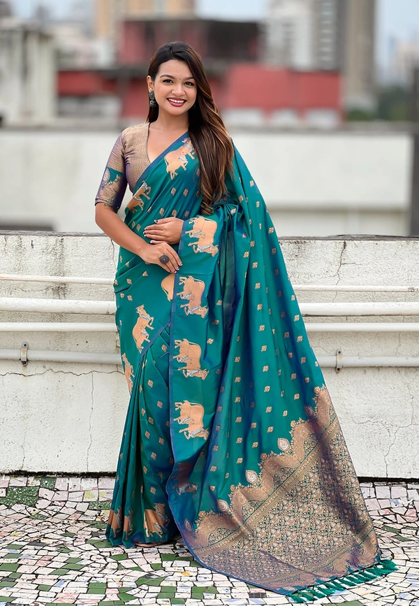Soft Moonga Silk Saree with Traditional Dual Zari Nandi Border & Butti Blouse