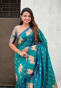 Soft Moonga Silk Saree with Traditional Dual Zari Nandi Border & Butti Blouse - FREE, GREEN
