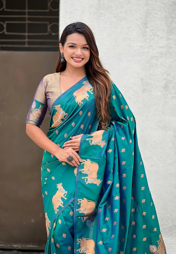 Soft Moonga Silk Saree with Traditional Dual Zari Nandi Border & Butti Blouse - FREE, GREEN