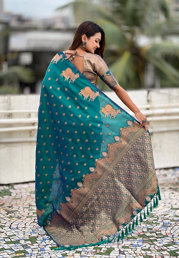 Soft Moonga Silk Saree with Traditional Dual Zari Nandi Border & Butti Blouse - FREE, GREEN
