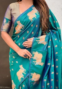 Soft Moonga Silk Saree with Traditional Dual Zari Nandi Border & Butti Blouse - FREE, GREEN