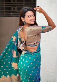 Soft Moonga Silk Saree with Traditional Dual Zari Nandi Border & Butti Blouse - FREE, GREEN