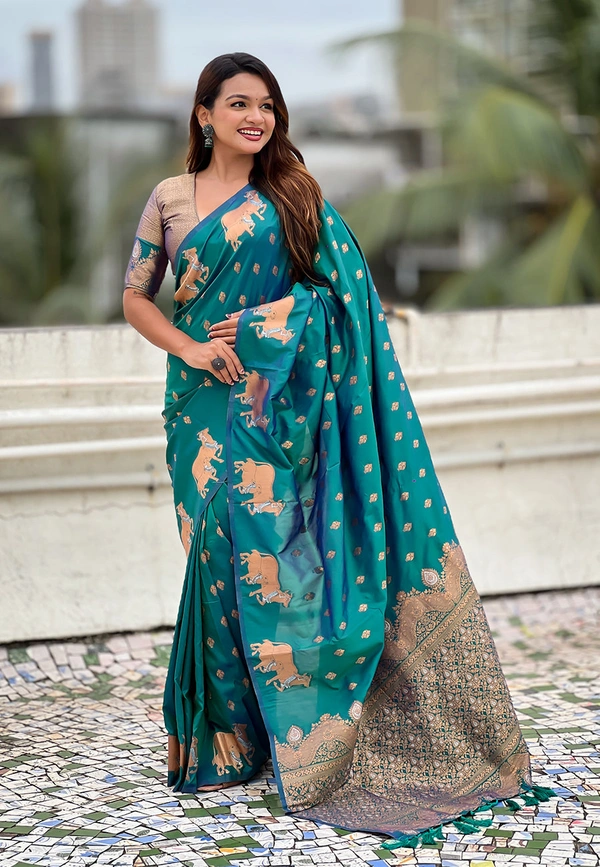 Soft Moonga Silk Saree with Traditional Dual Zari Nandi Border & Butti Blouse - FREE, GREEN