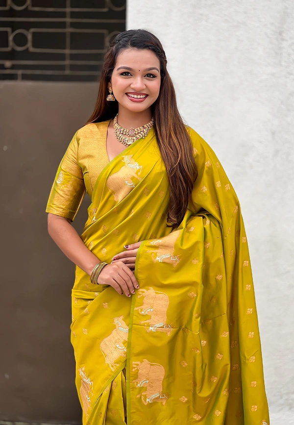 Soft Moonga Silk Saree with Traditional Dual Zari Nandi Border & Butti Blouse - FREE, MEHENDI
