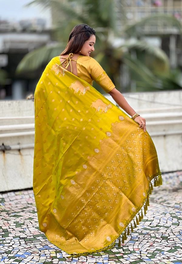 Soft Moonga Silk Saree with Traditional Dual Zari Nandi Border & Butti Blouse - FREE, MEHENDI