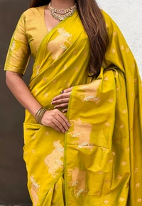 Soft Moonga Silk Saree with Traditional Dual Zari Nandi Border & Butti Blouse - FREE, MEHENDI