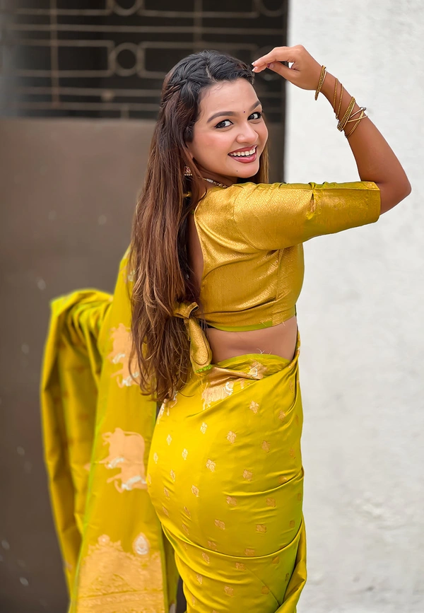 Soft Moonga Silk Saree with Traditional Dual Zari Nandi Border & Butti Blouse - FREE, MEHENDI