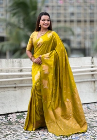 Soft Moonga Silk Saree with Traditional Dual Zari Nandi Border & Butti Blouse - FREE, MEHENDI