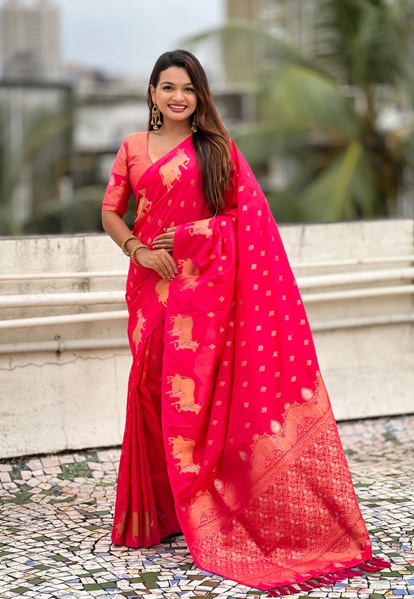 Soft Moonga Silk Saree with Traditional Dual Zari Nandi Border & Butti Blouse