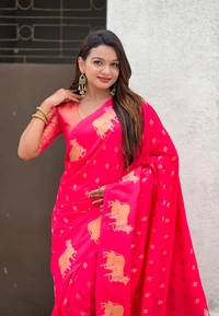 Soft Moonga Silk Saree with Traditional Dual Zari Nandi Border & Butti Blouse - FREE, PINK